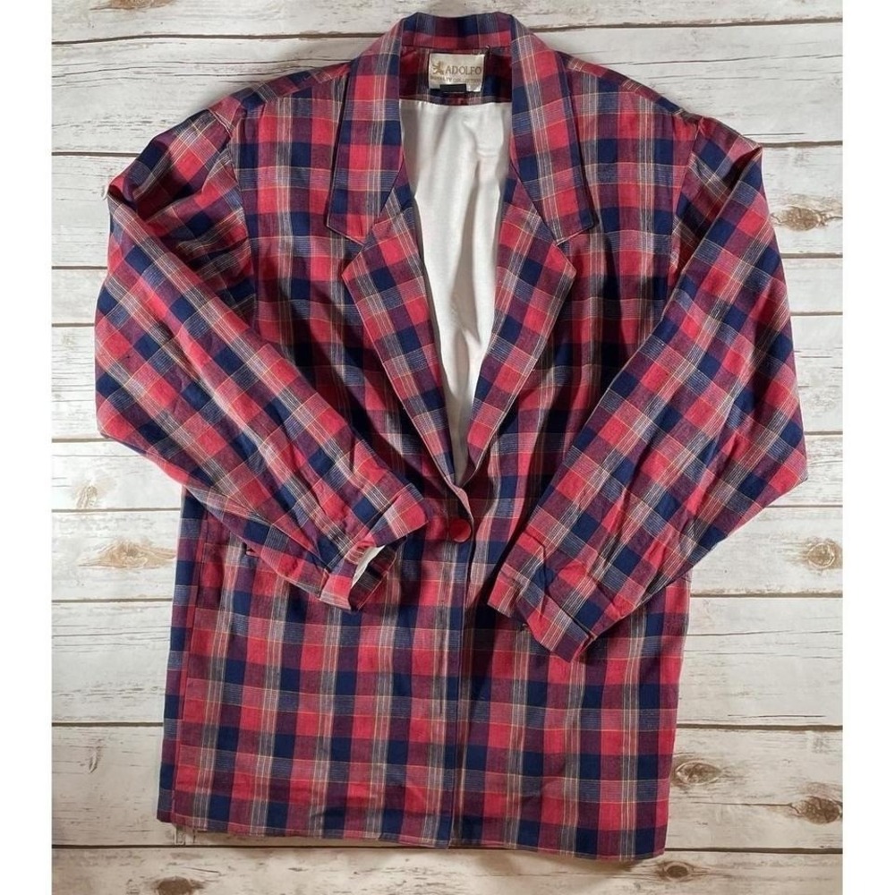 VTG ADOLFO Red Blue Plaid Blazer Jacket Medium Academia Grandpa Core 80s 90s